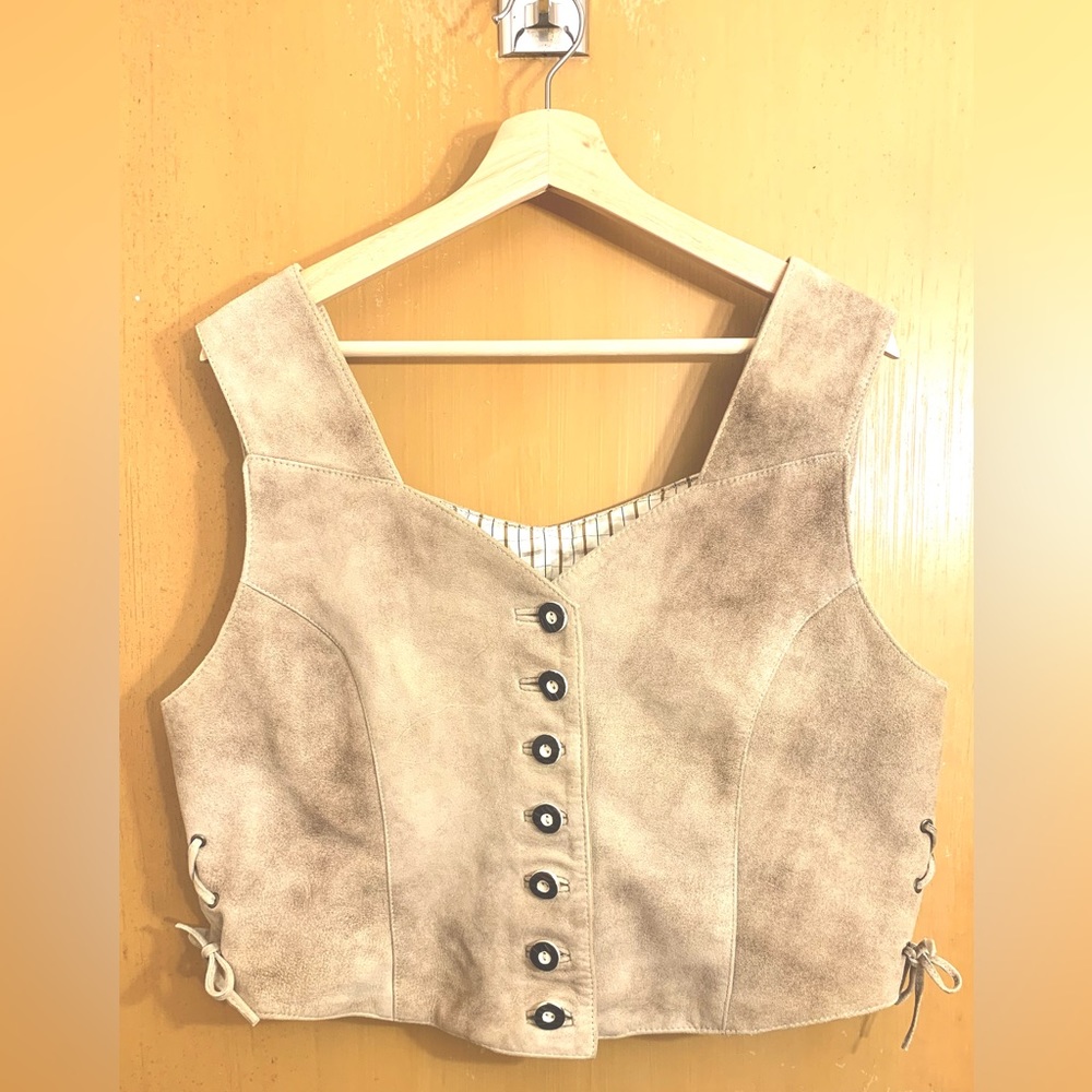 German made, buckskin suede corset with acorn inset and side ties